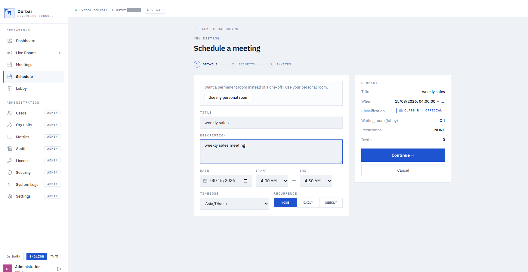 Dorbar scheduling a meeting: details, security and invites steps, with a Class B Official classification label, waiting-room control, and an Asia/Dhaka timezone.