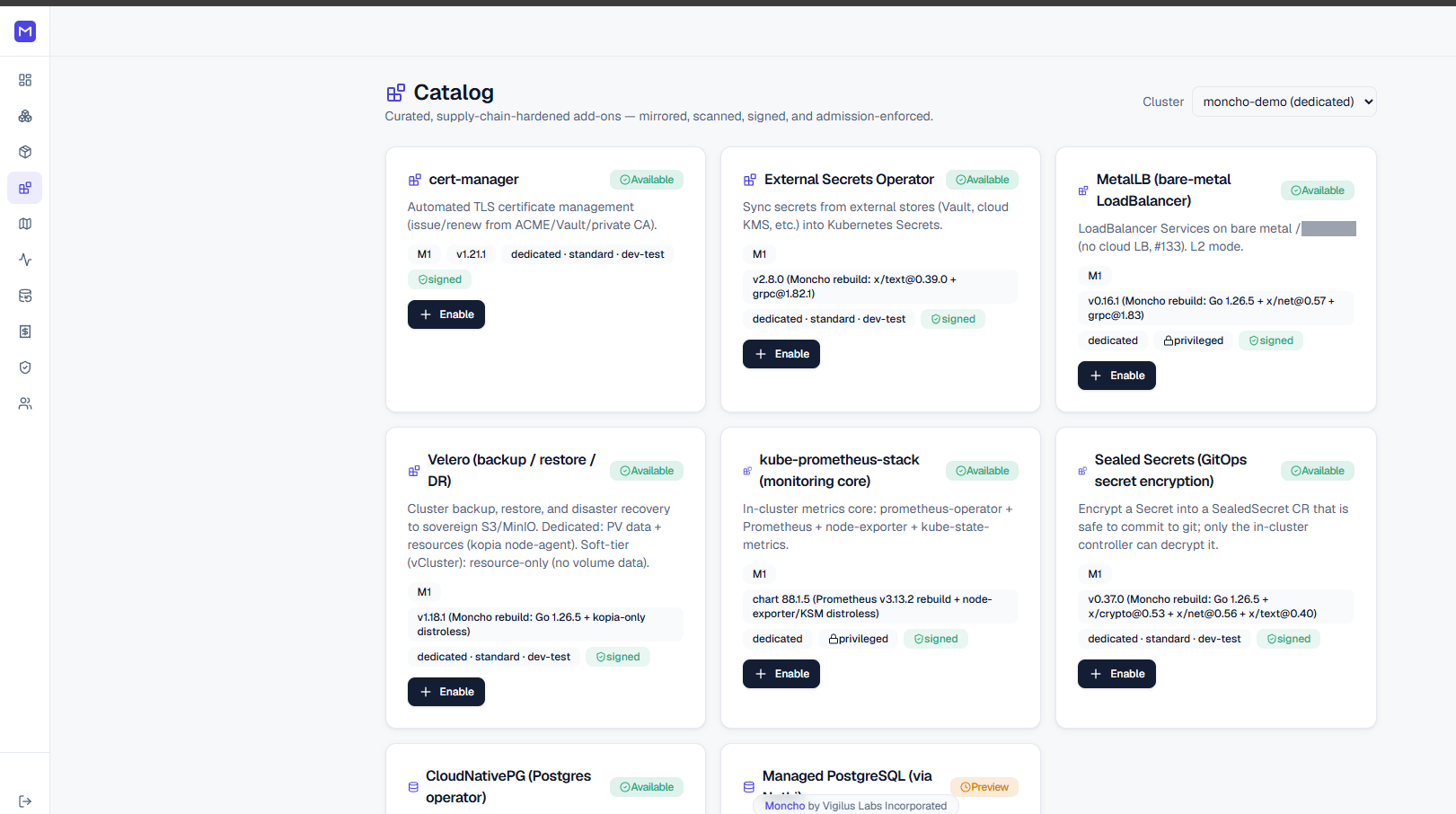 Moncho add-on catalog: cert-manager, external secrets, load balancing, backup/restore, monitoring, and sealed secrets, each marked available and signed.