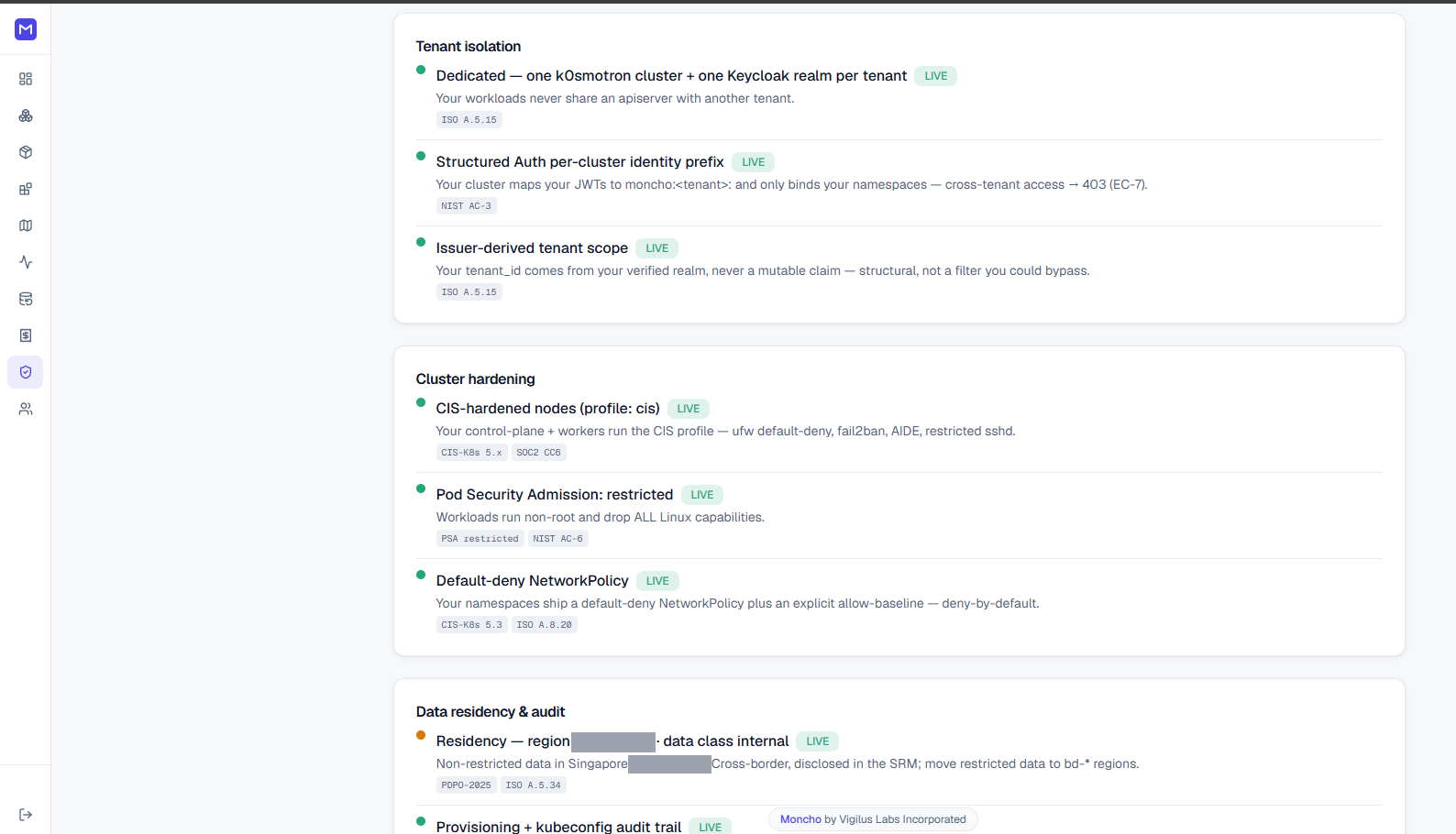 Moncho security posture: tenant isolation, cluster hardening, and data residency controls each tagged live and mapped to framework references.