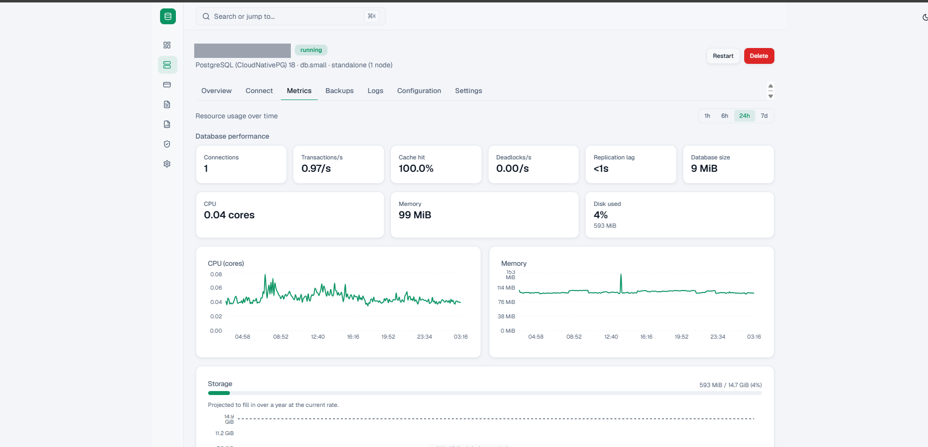 Nothi instance metrics: connections, transactions per second, cache hit rate, deadlocks, replication lag and database size, with CPU and memory charts.
